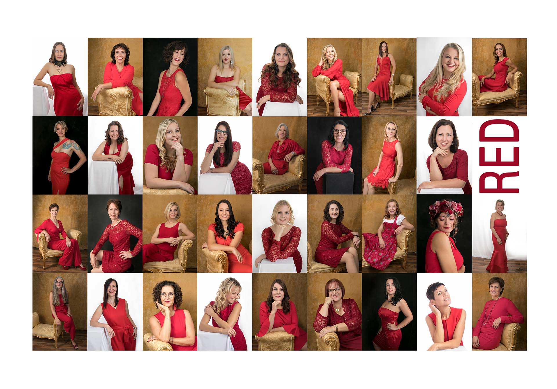 Bild zeigt 36 selbstbewusste Unternehmerinnen in roten Outfits für das Projekt RED