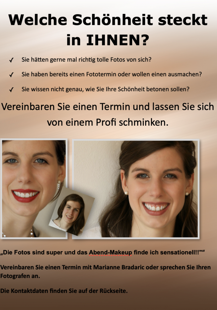 Bild zeigt eine Frau ohne Makeup und zwei Bilder mit einem selbstbewussten Lächeln nach dem Service
